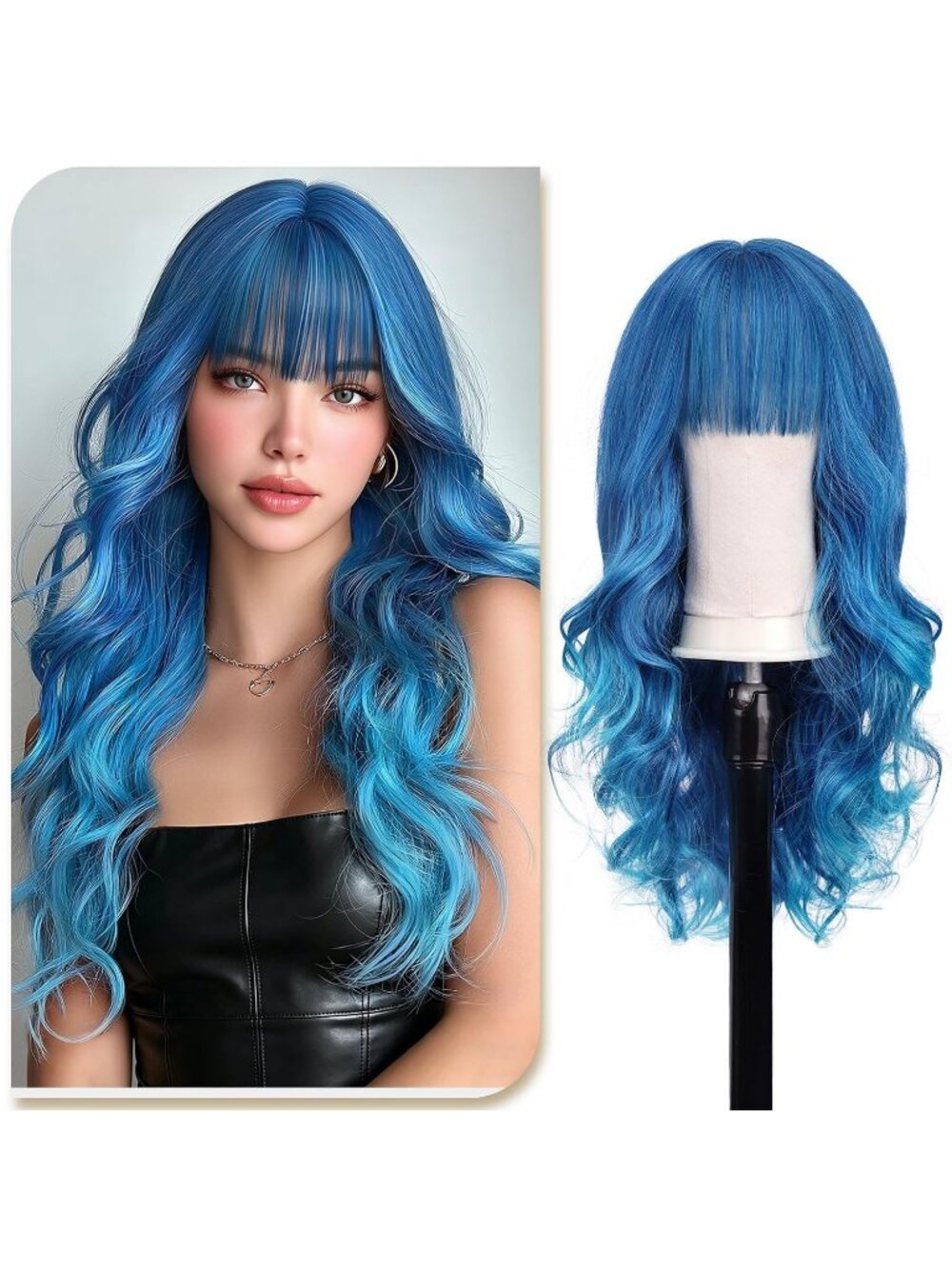 24Inch Women's Sapphire Blue Highlights Natural Looking Synthetic Wig with Bangs